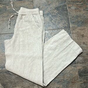 L. L. Bean 100% Linen Beige Straigh Leg Elastic Waist Drawstring Pants